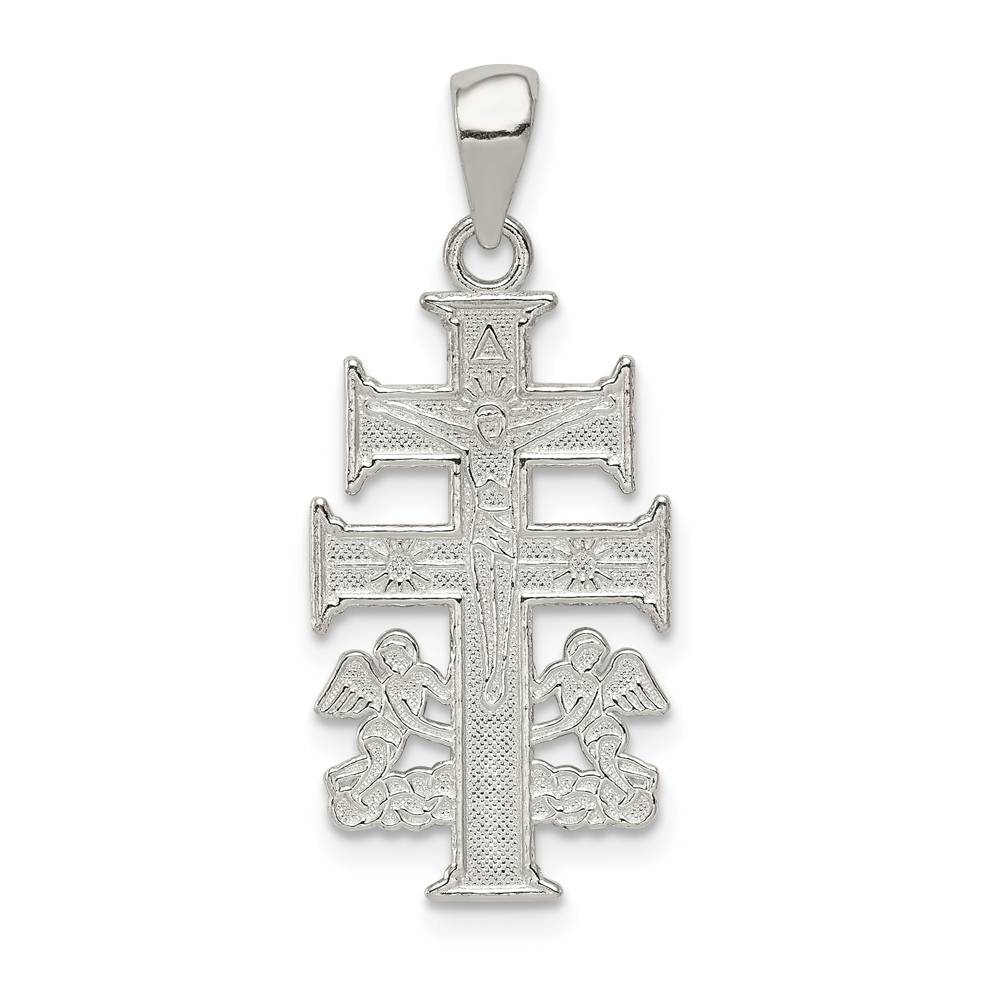 Sterling Silver Polished Caravaca Double Cross w/Angels Crucifix Pendant