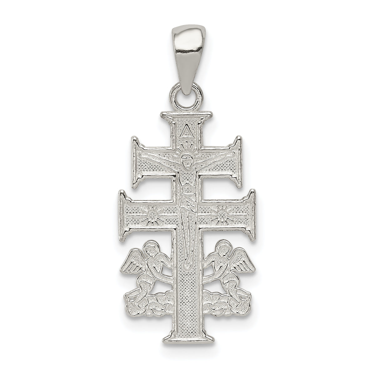 Sterling Silver Polished Caravaca Double Cross w/Angels Crucifix Pendant