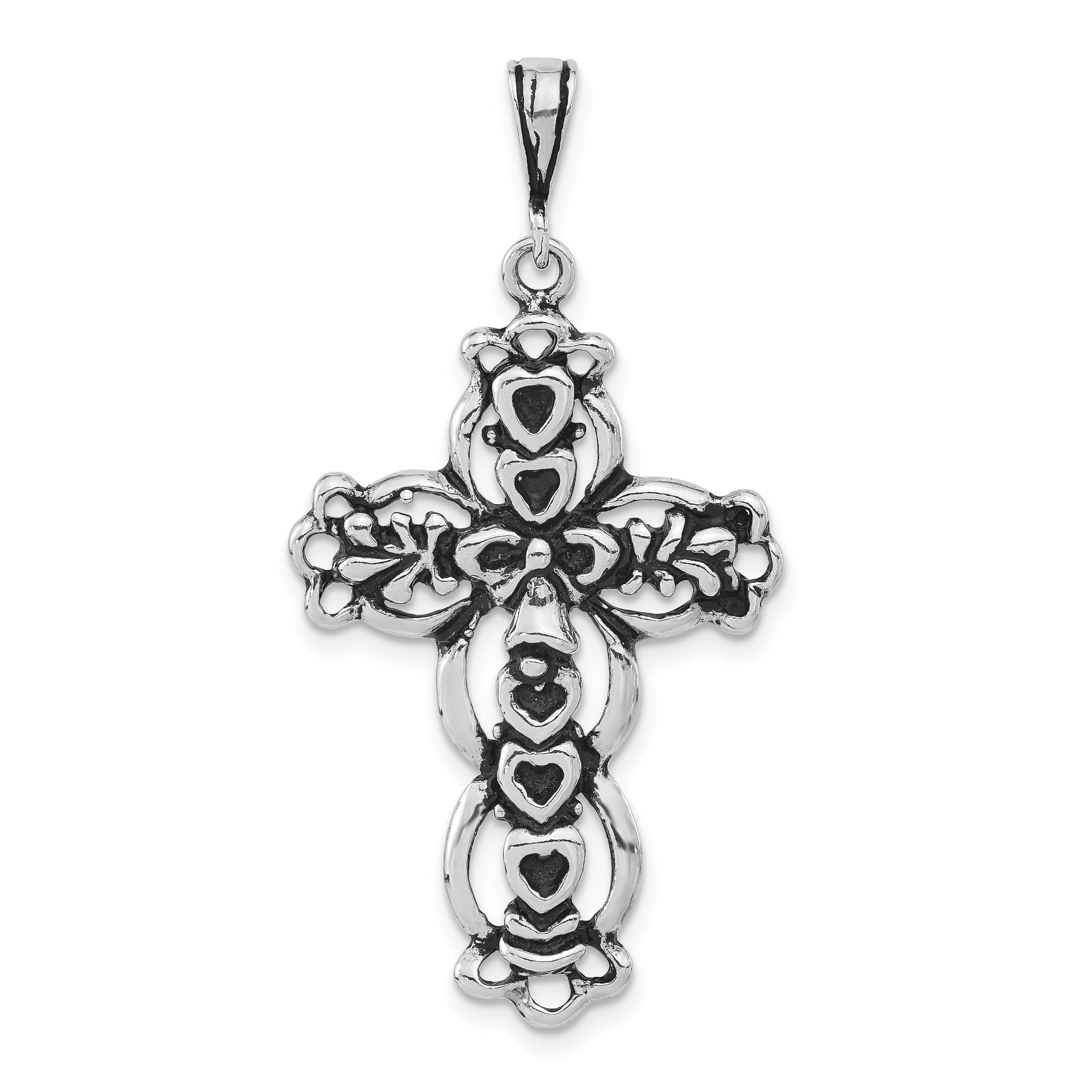 Sterling Silver Polished Antiqued & Textured Bow Bell & Heart Cross Pendant