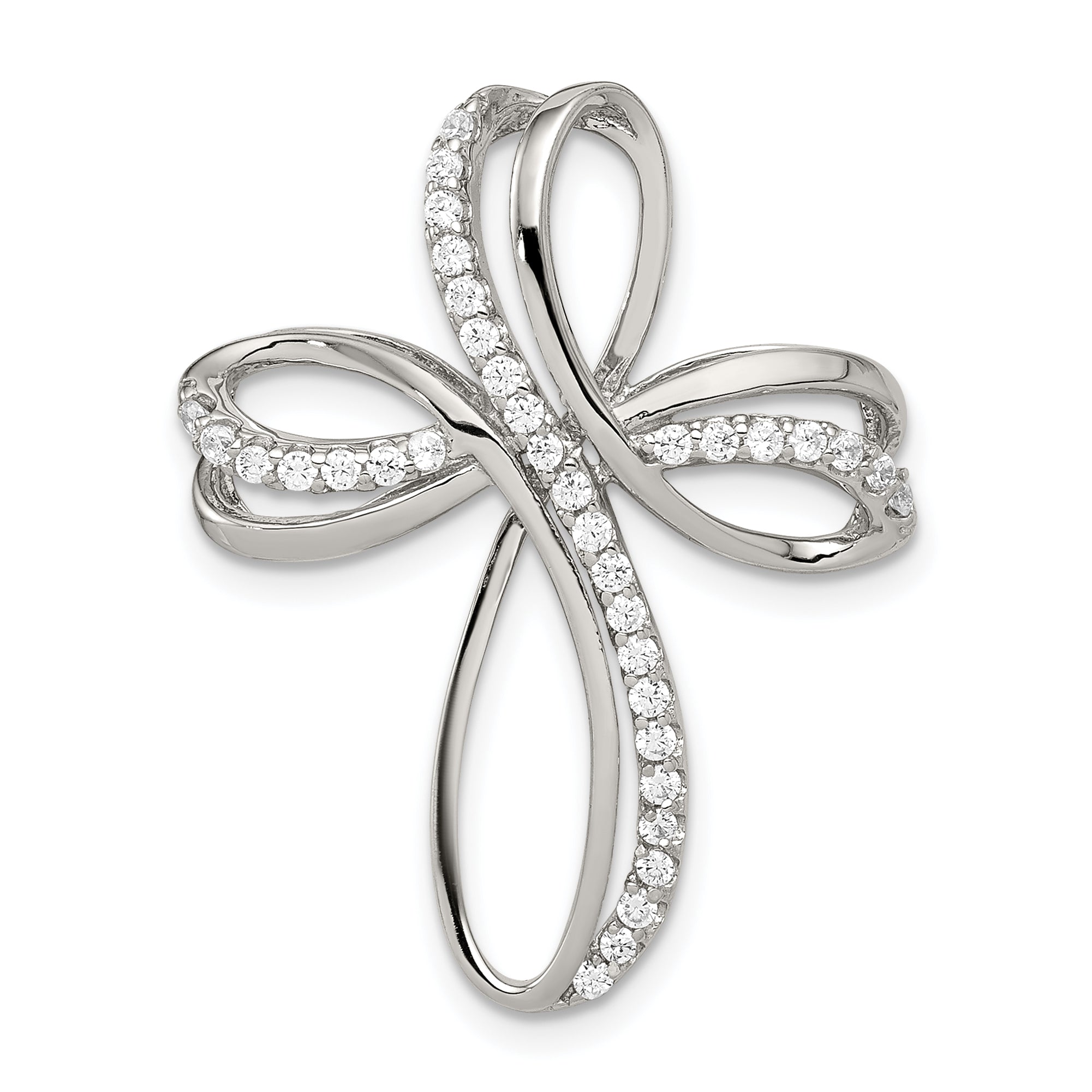 Sterling Silver Rhodium-plated Polished CZ Cross Chain Slide