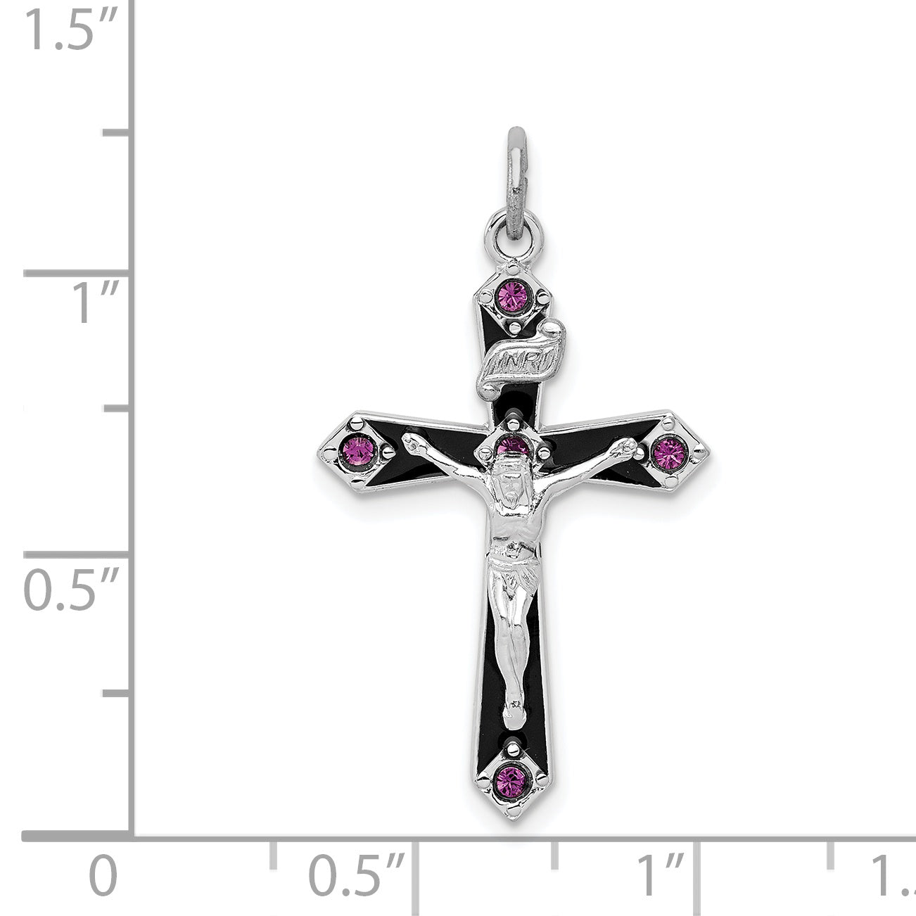 Sterling Silver Rhodium-plated Black Epxy Purple CZ INRI Cross Pendant