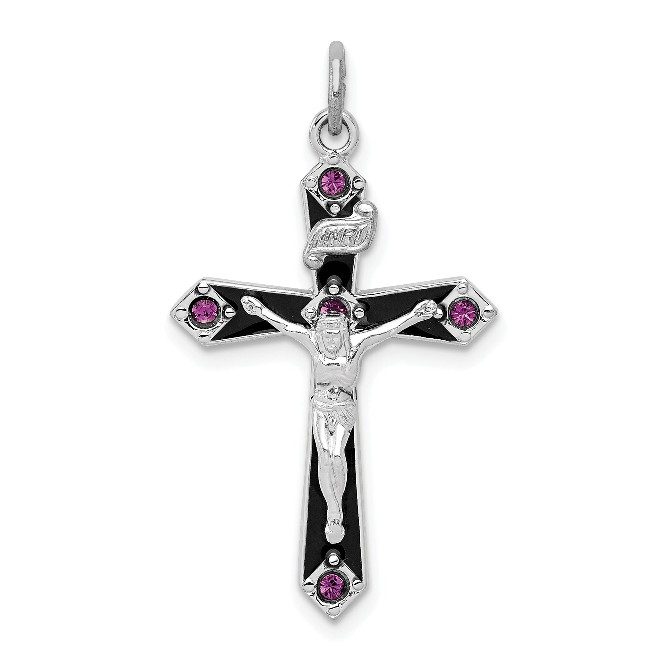 Sterling Silver Rhodium-plated Black Epxy Purple CZ INRI Cross Pendant