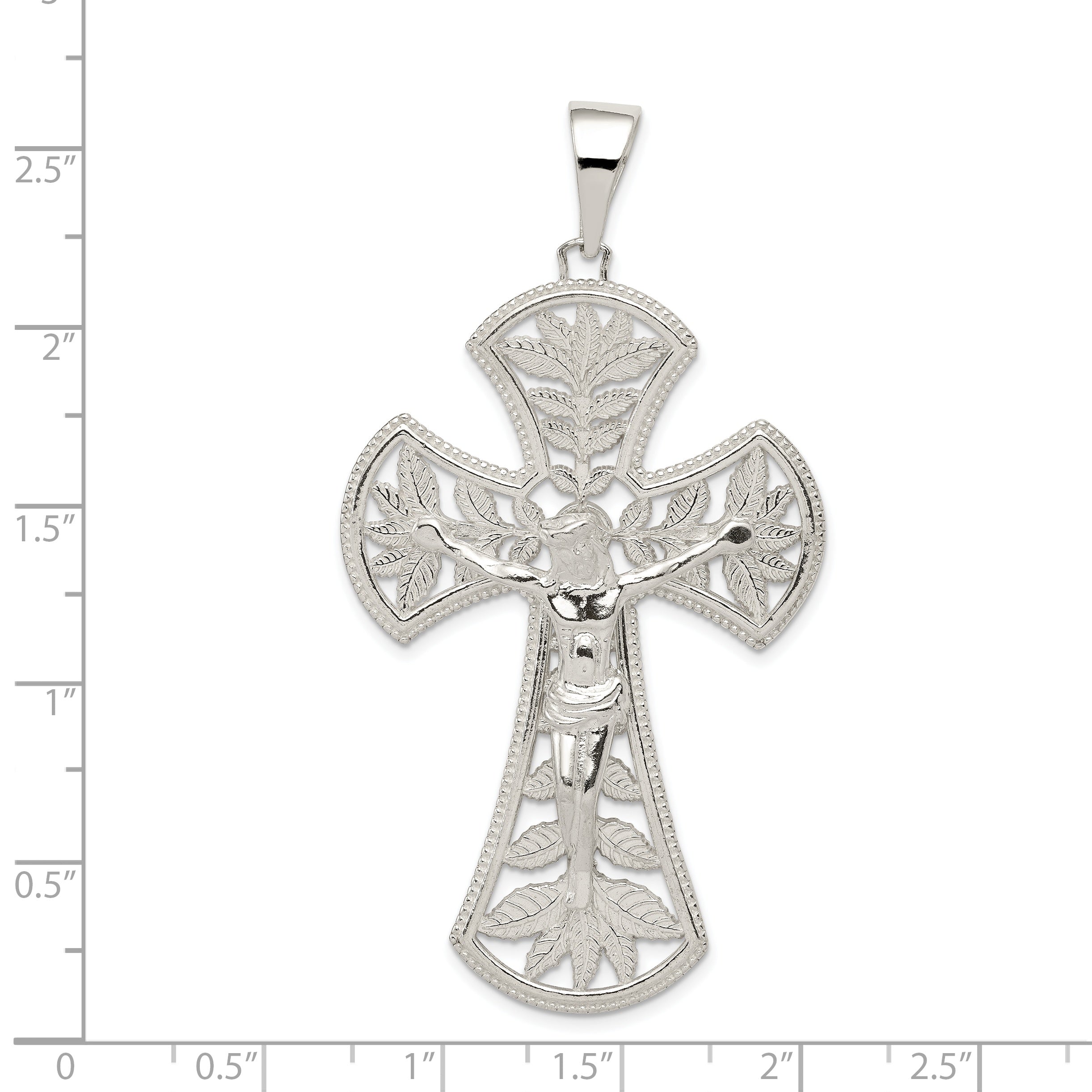 Sterling Silver 925 Polished Leaf INRI Crucifix Pendant Elegant Design