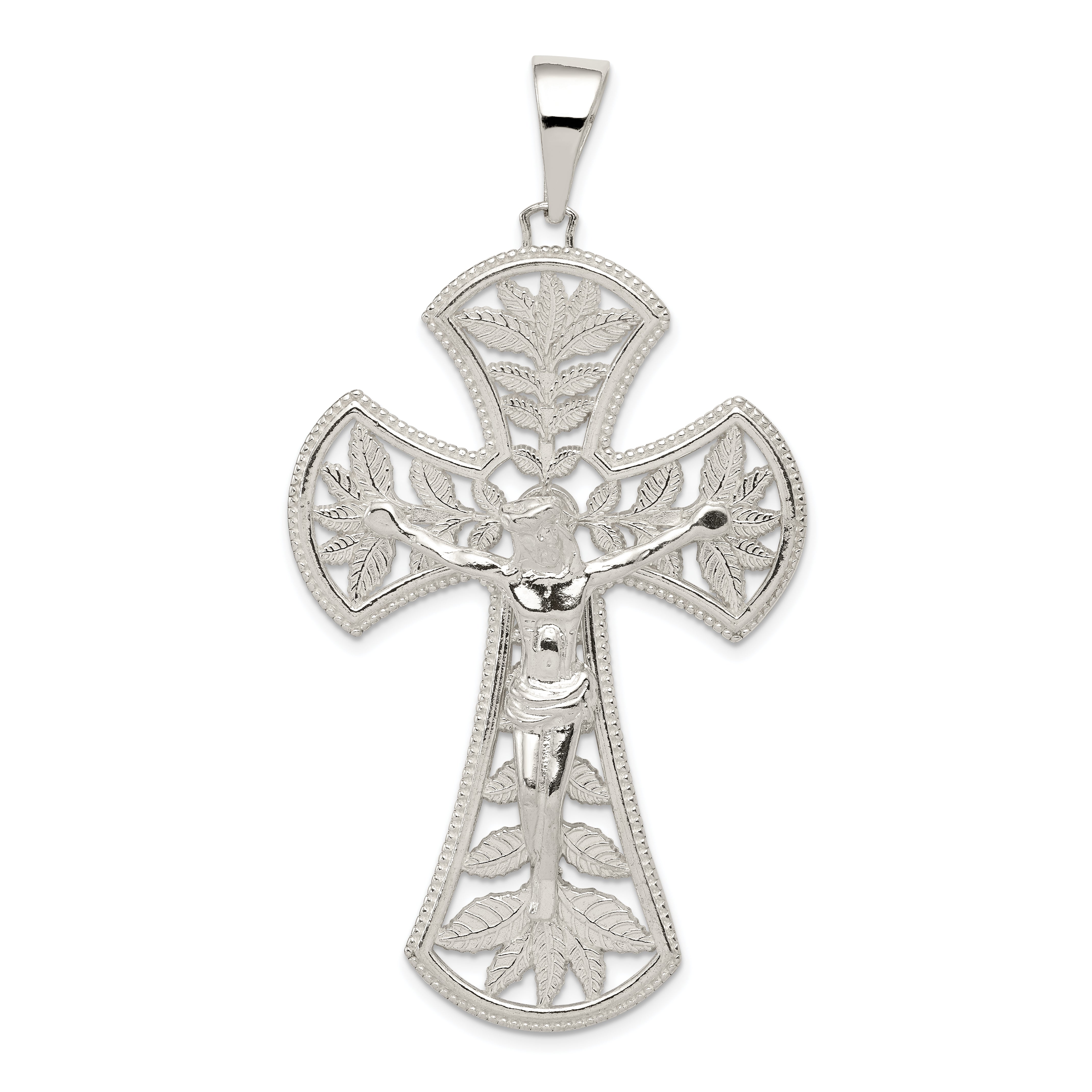 Sterling Silver Polished Leaf Large INRI Crucifix Pendant