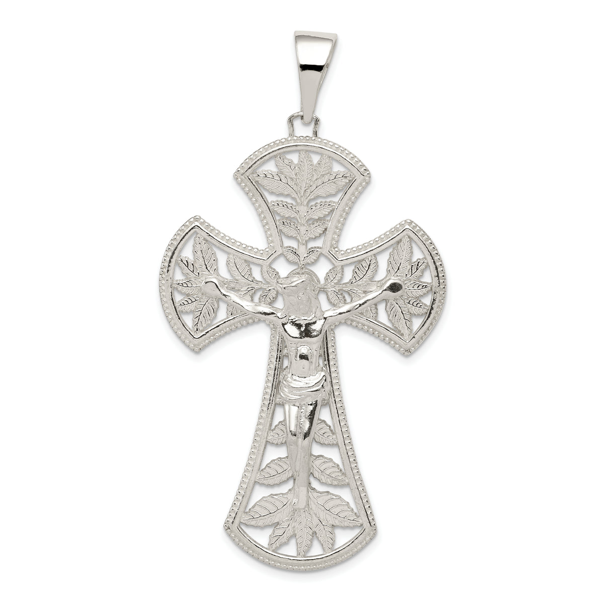 Sterling Silver Polished Leaf Large INRI Crucifix Pendant