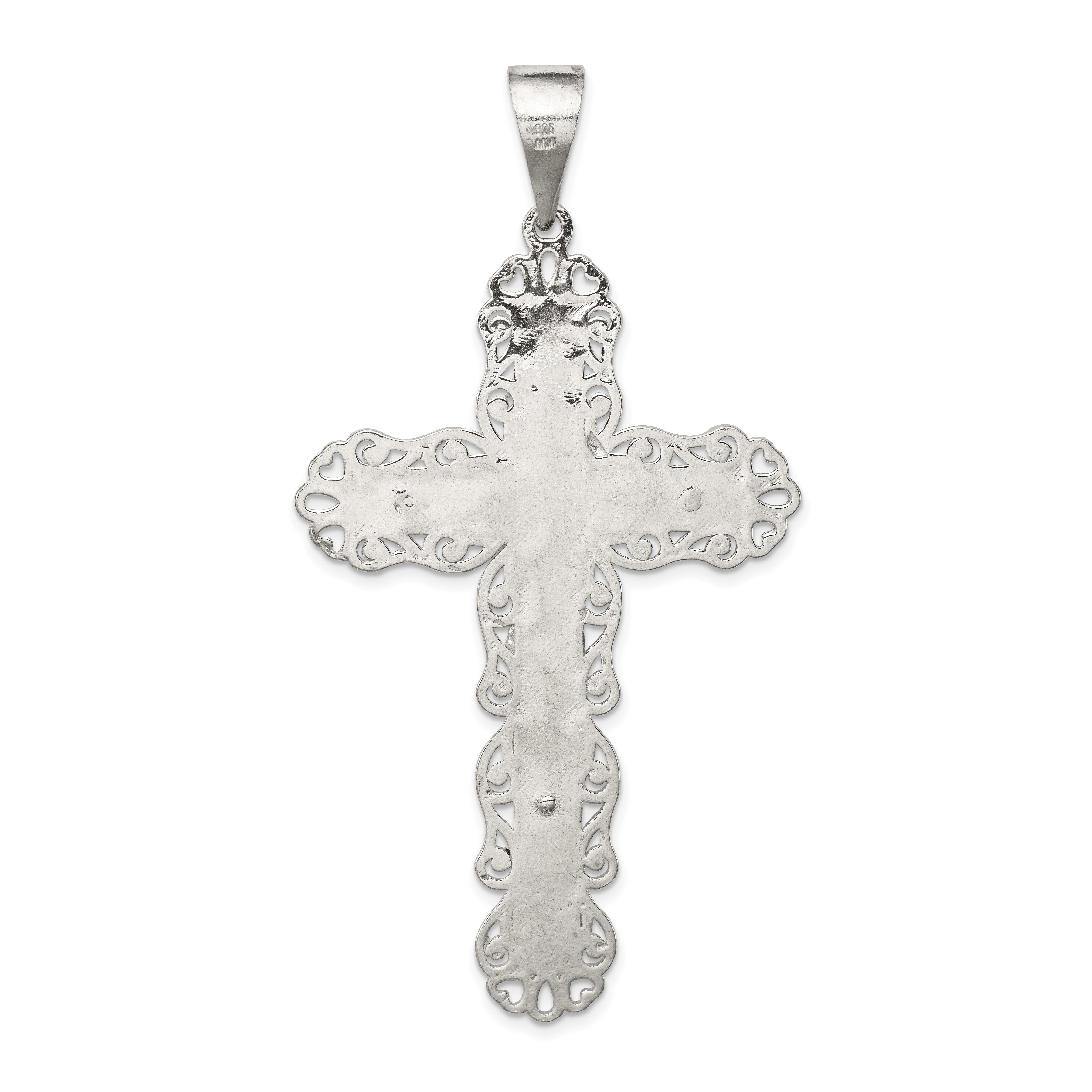 Sterling Silver Polished & Textured Large Floral Cross w/Jesus Pendant