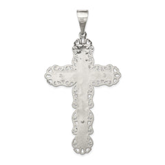 Sterling Silver Polished & Textured Large Floral Cross w/Jesus Pendant