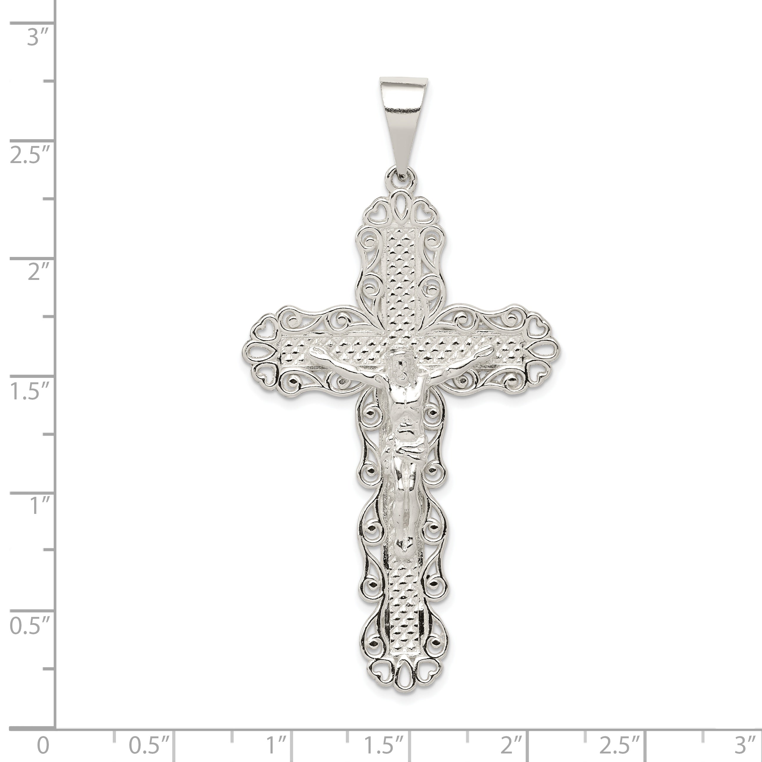 Sterling Silver Polished & Textured Large Floral Cross w/Jesus Pendant