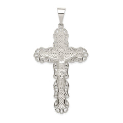 Sterling Silver Polished & Textured Large Floral Cross w/Jesus Pendant