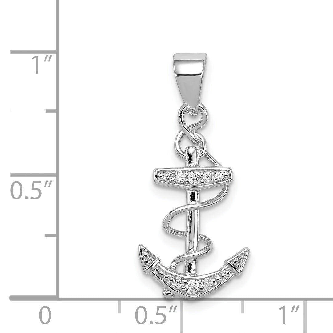 Sterling Silver 925 Anchor Pendant with CZ Rhodium Polished Finish