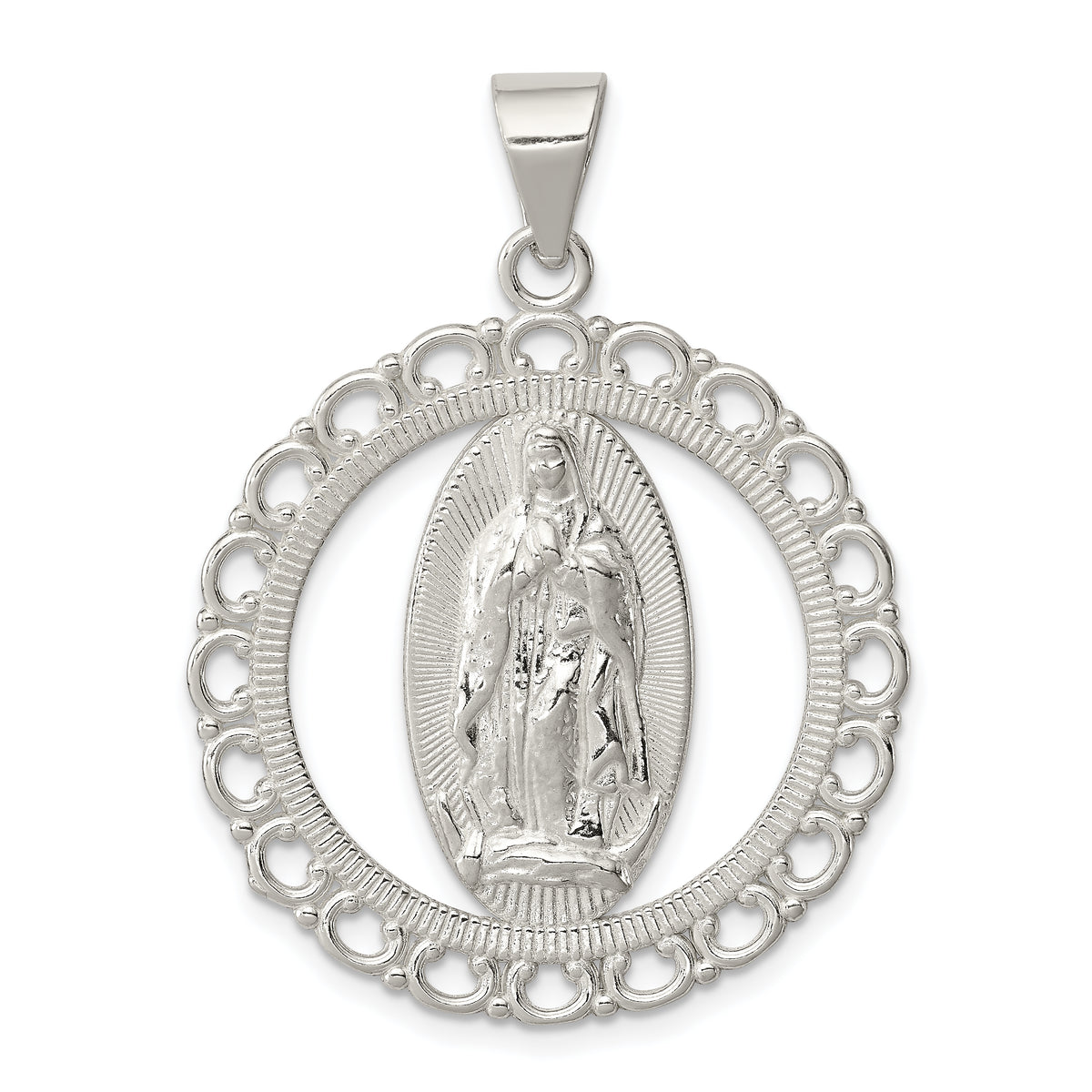 Sterling Silver Polished Religious Ruffled Circle Pendant