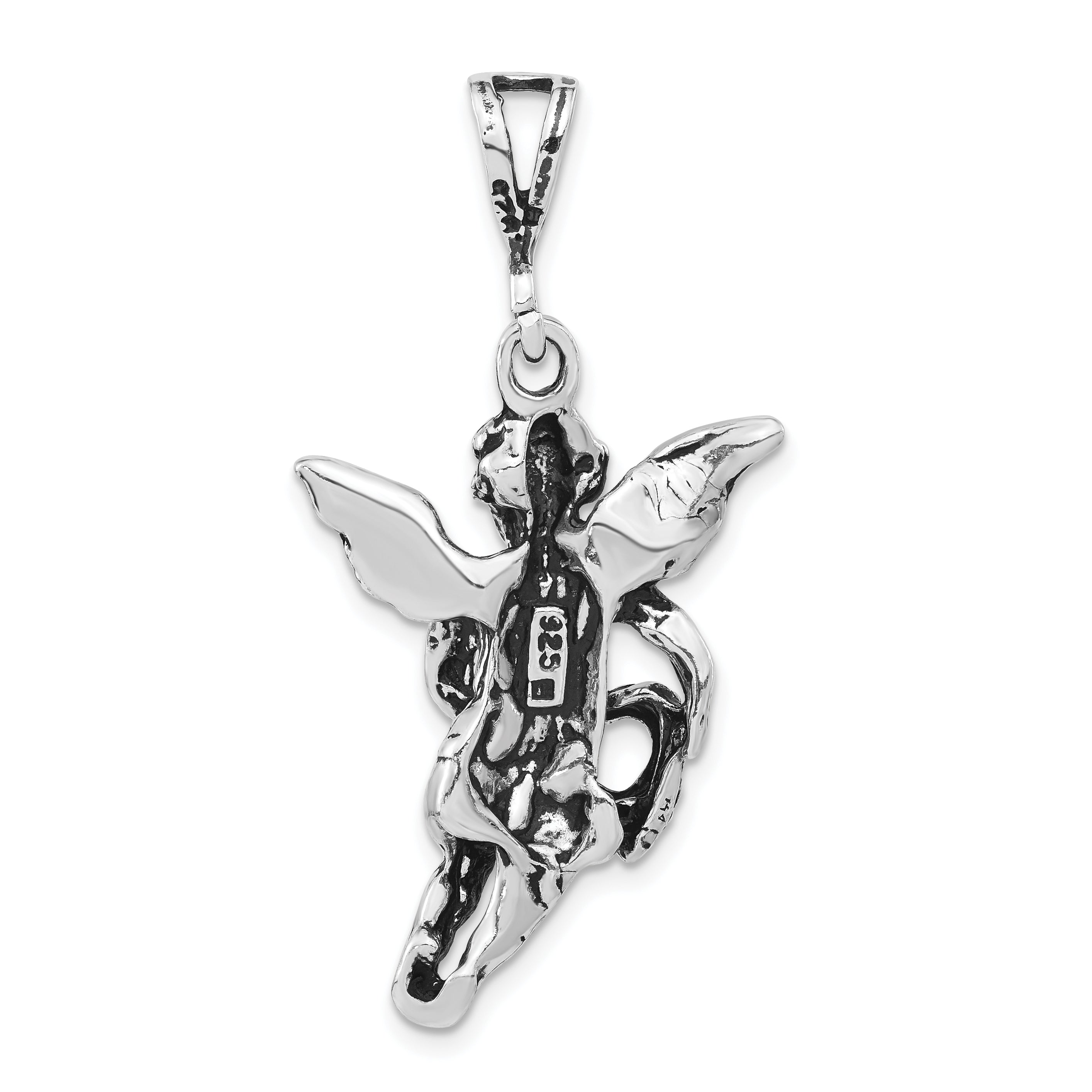 Sterling Silver Antiqued & Textured Flying Angel w/Heart Pendant