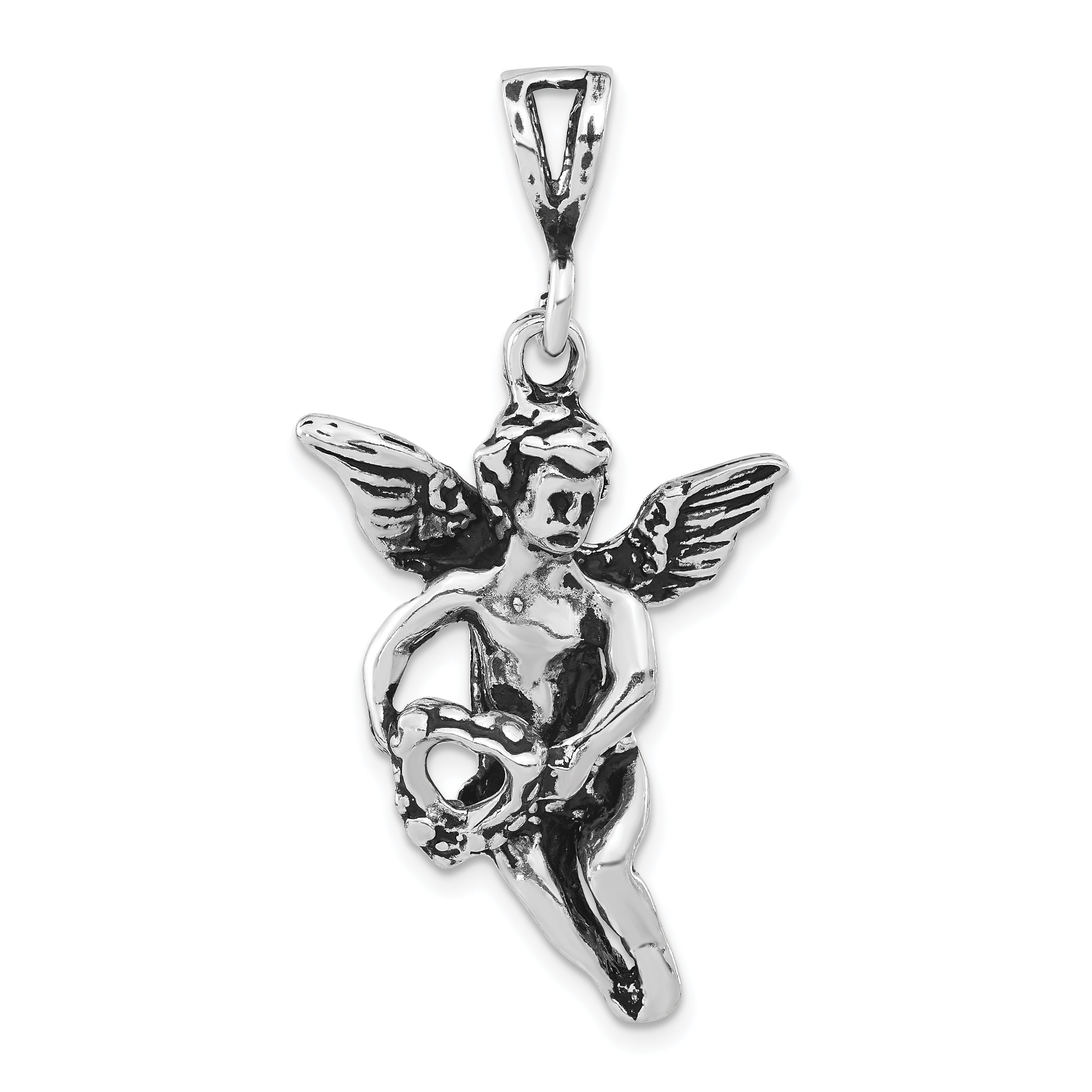 Sterling Silver Polished Antiqued & Textured Flying Angel w/Heart Pendant