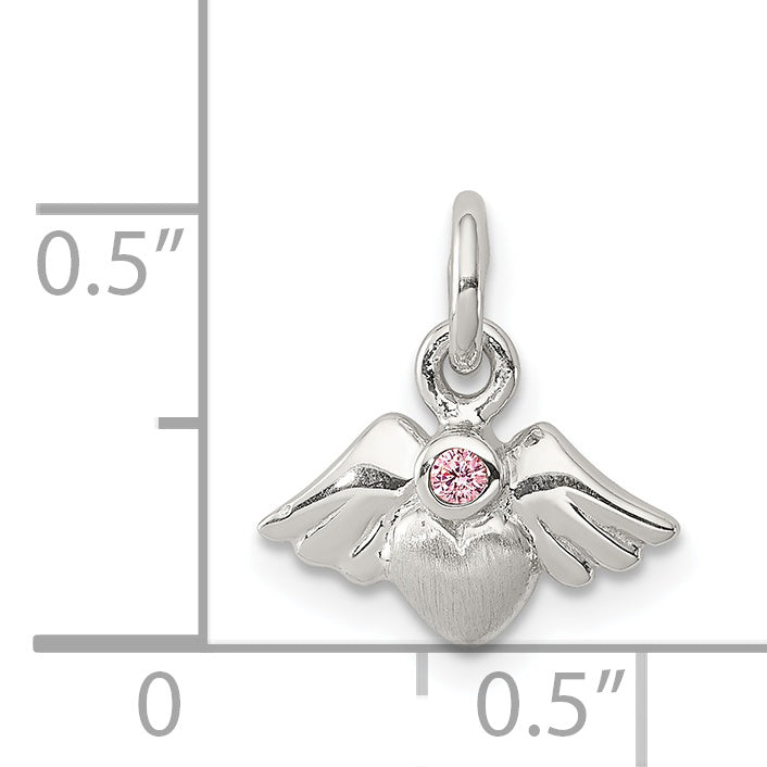 Sterling Silver Polished & Satin Heart w/Angel Wings Pink CZ Pendant