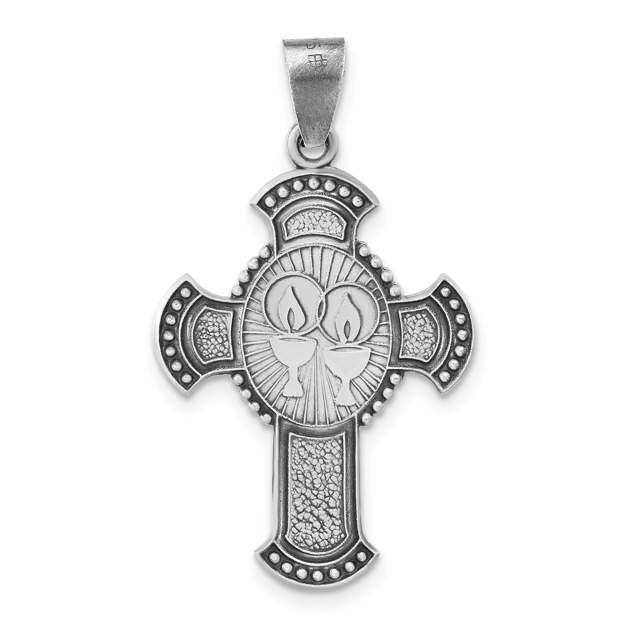 Sterling Silver Antiqued Textured & Satin Religious Cross Pendant