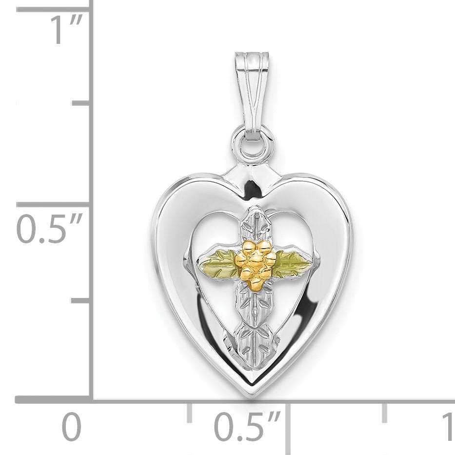 Sterling Silver Enameled Flowers on Cross Heart Pendant