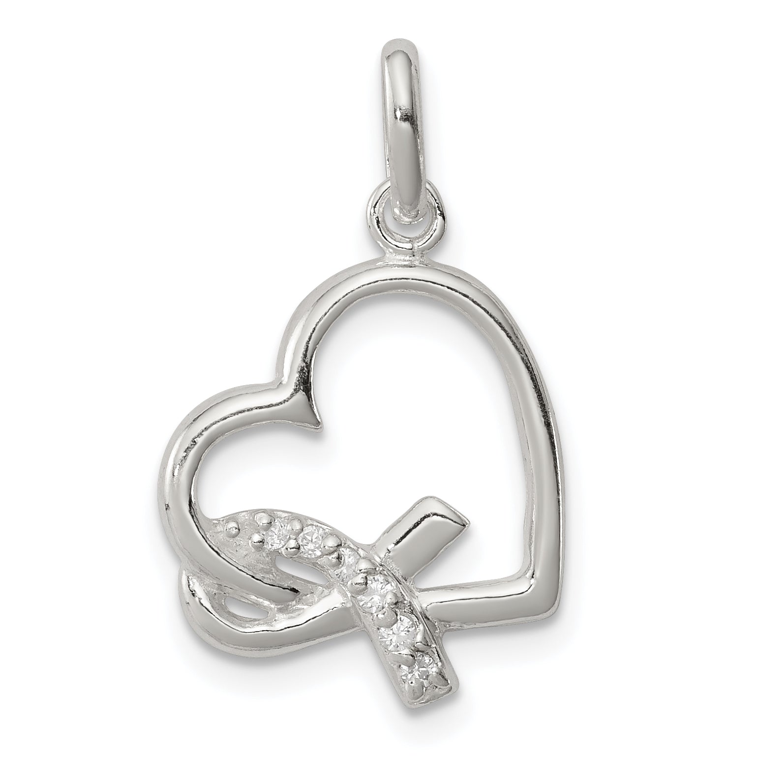 Sterling Silver Polished Heart w/ Awareness Ribbon CZ Charm