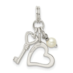 Sterling Silver 925 Heart Key Charm with Simulated Pearl Elegance