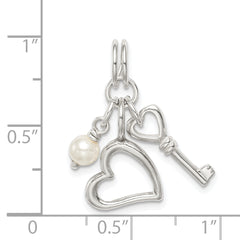 Sterling Silver 925 Heart Key Charm with Simulated Pearl Elegance