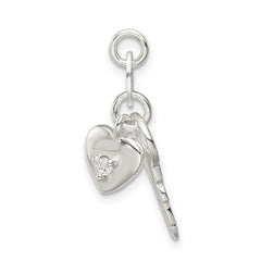 Sterling Silver Polished CZ Heart and Key Charm