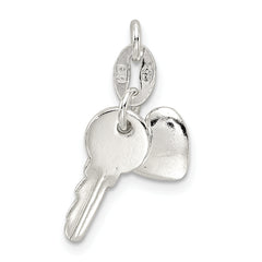 Sterling Silver Polished CZ Heart and Key Charm