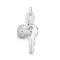 Sterling Silver Polished CZ Heart and Key Charm