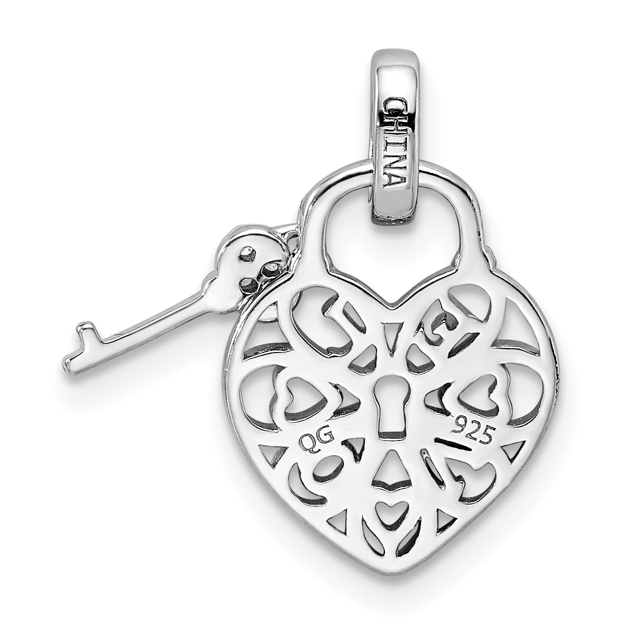 Sterling Silver Rhodium-plated Heart Lock & Key w/CZ Pendant