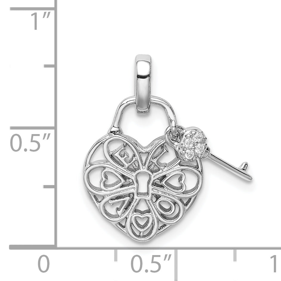 Sterling Silver Rhodium-plated Heart Lock & Key w/CZ Pendant