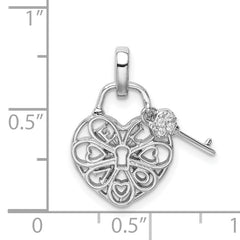 Sterling Silver Rhodium-plated Heart Lock & Key w/CZ Pendant