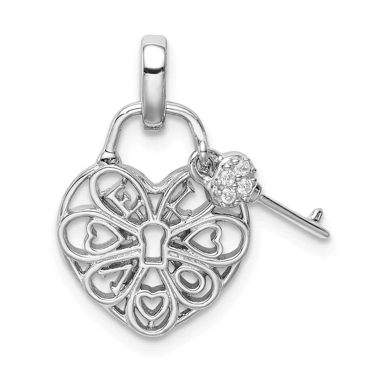 Sterling Silver Rhodium-plated Heart Lock & Key w/CZ Pendant