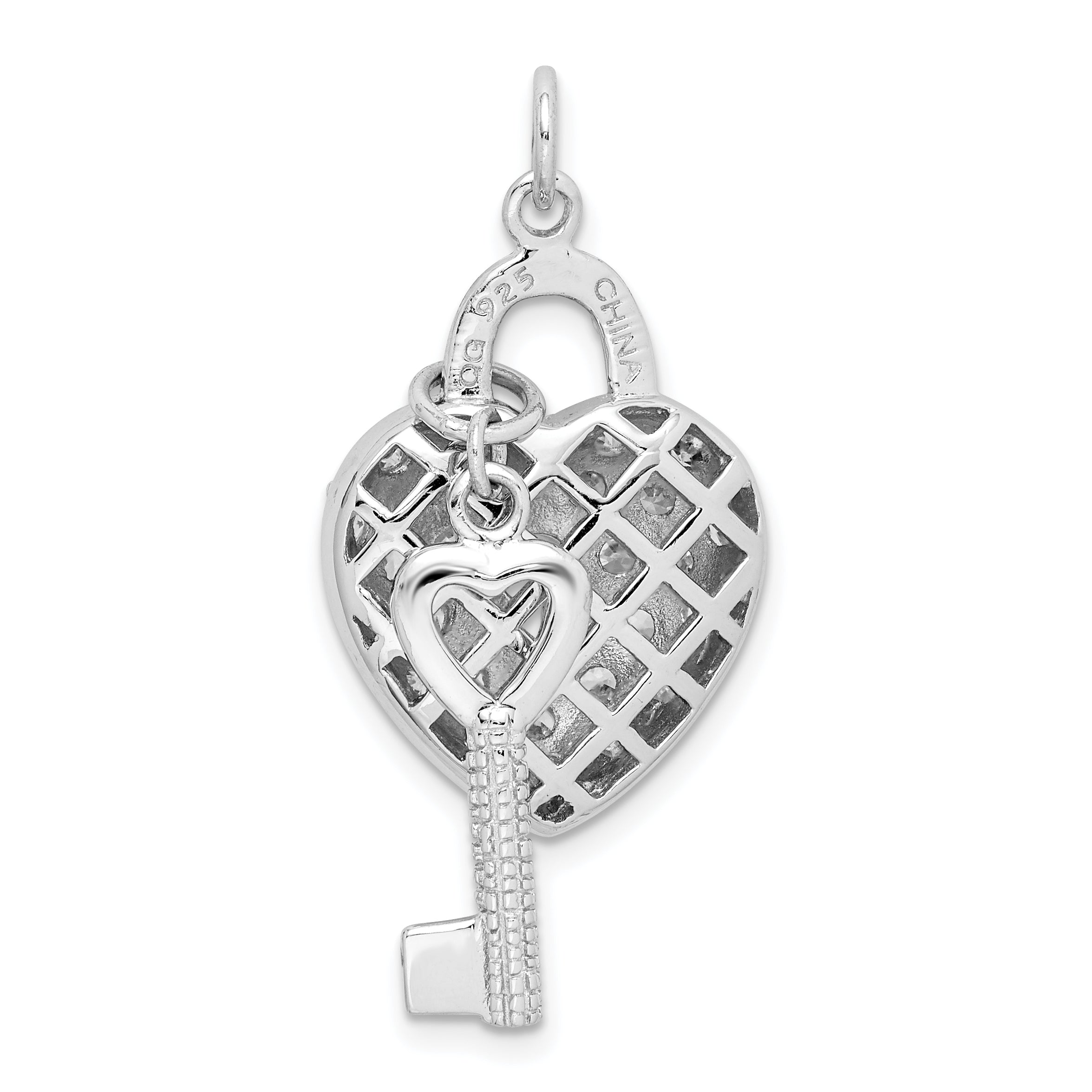 Sterling Silver Rhodium-plated CZ Heart Lock & Key Pendant