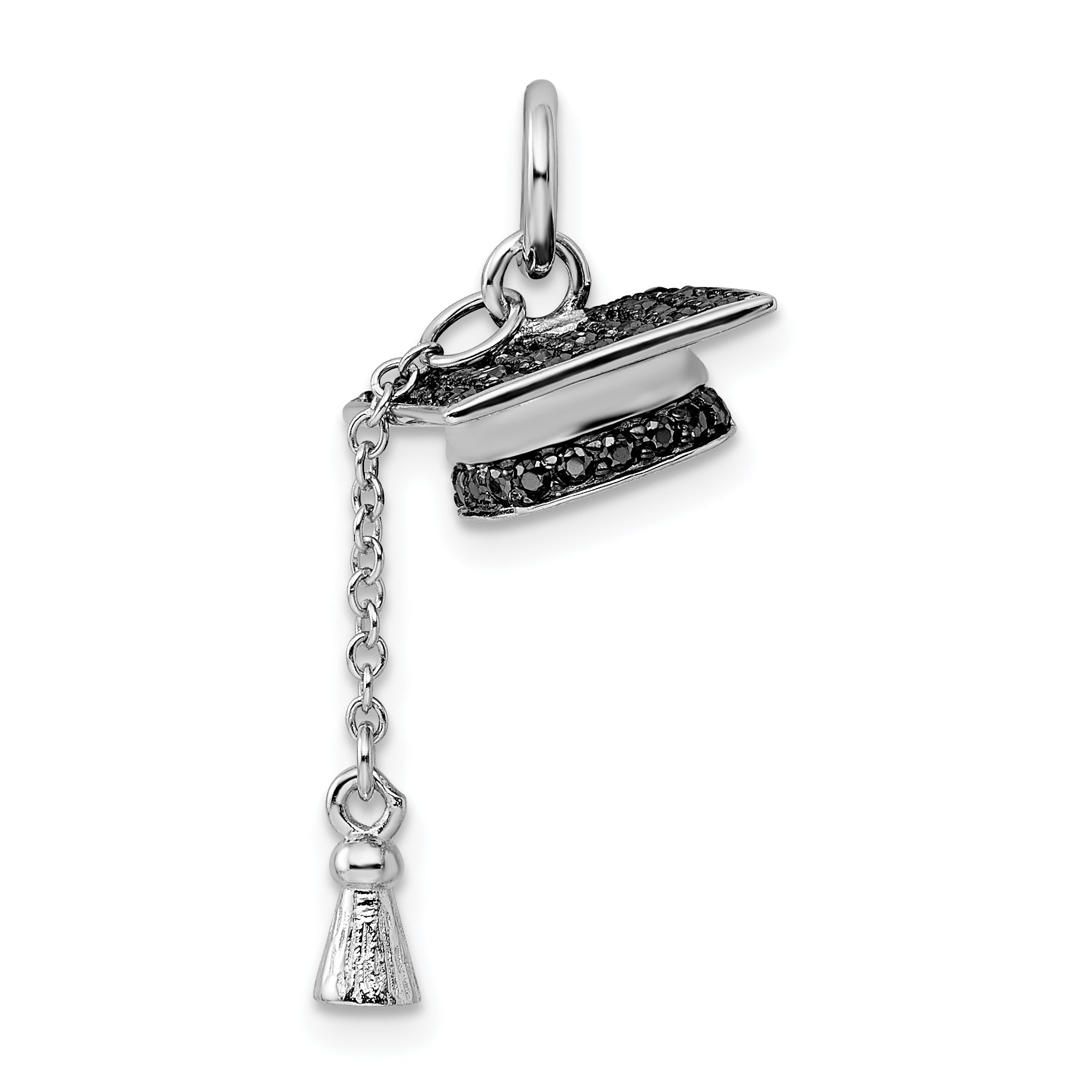 Sterling Silver Rhodium-plated Graduation Cap w/Black CZ Pendant