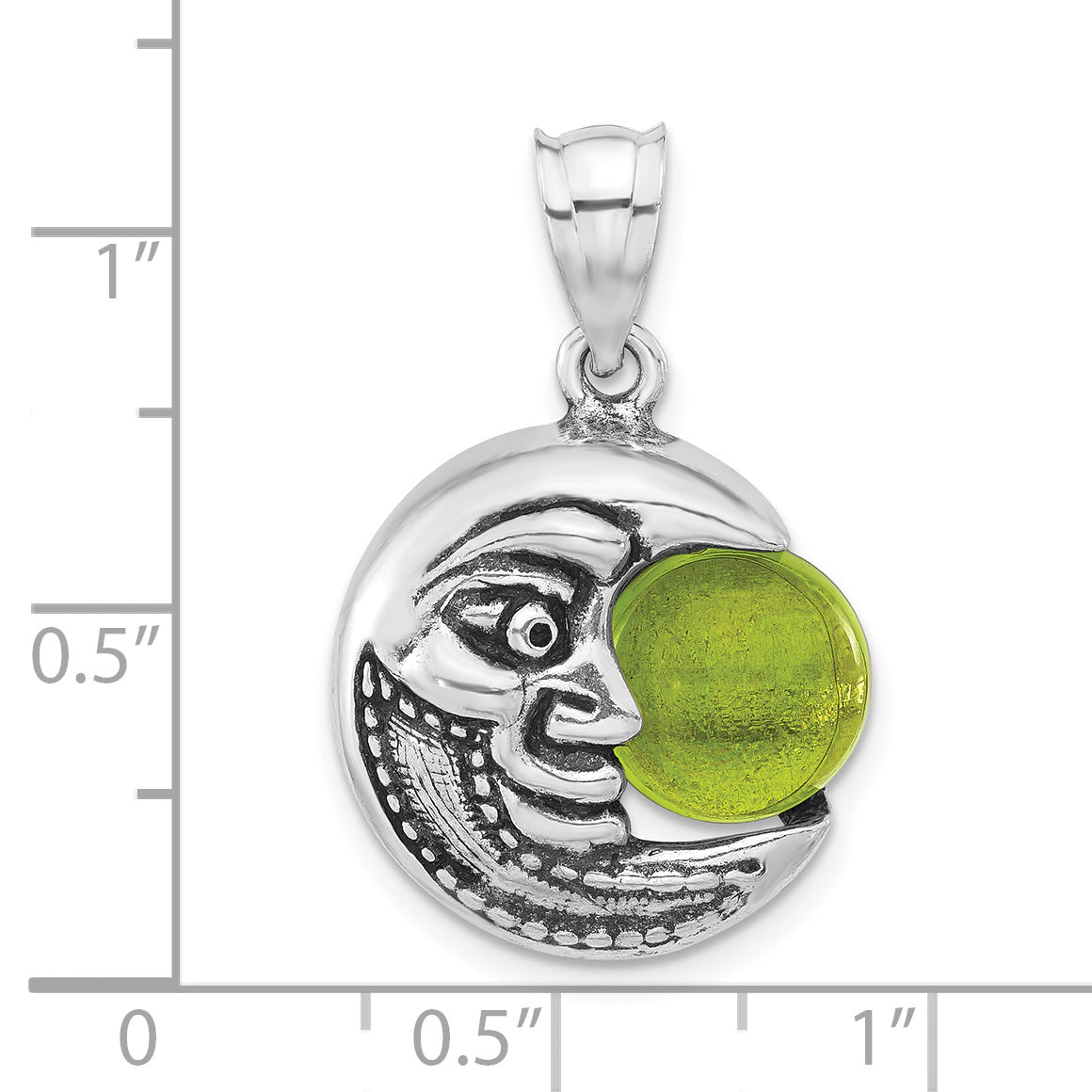 Sterling Silver 925 Antiqued Half Moon Pendant with Green Glass Stone