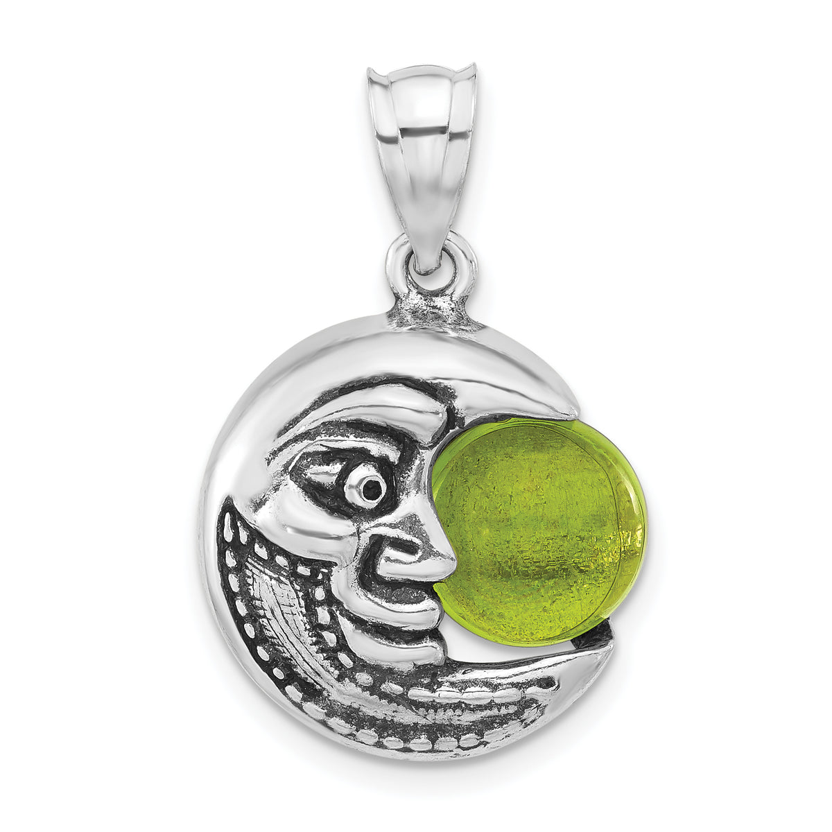 Sterling Silver Polished & Antiqued Green Glass Moon Face Pendant