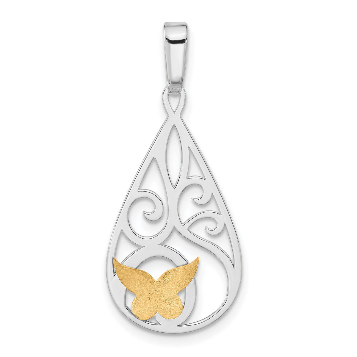 Sterling Silver Gold-tone Polished & Satin Butterfly Teardrop Pendant