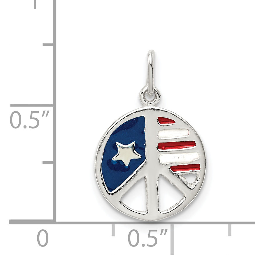 Sterling Silver Polished Enamel American Flag Peace Sign Pendant