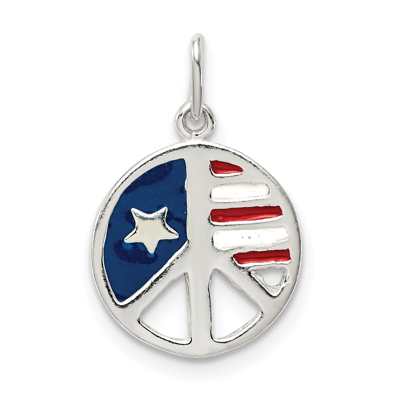 Sterling Silver Polished Enamel American Flag Peace Sign Pendant