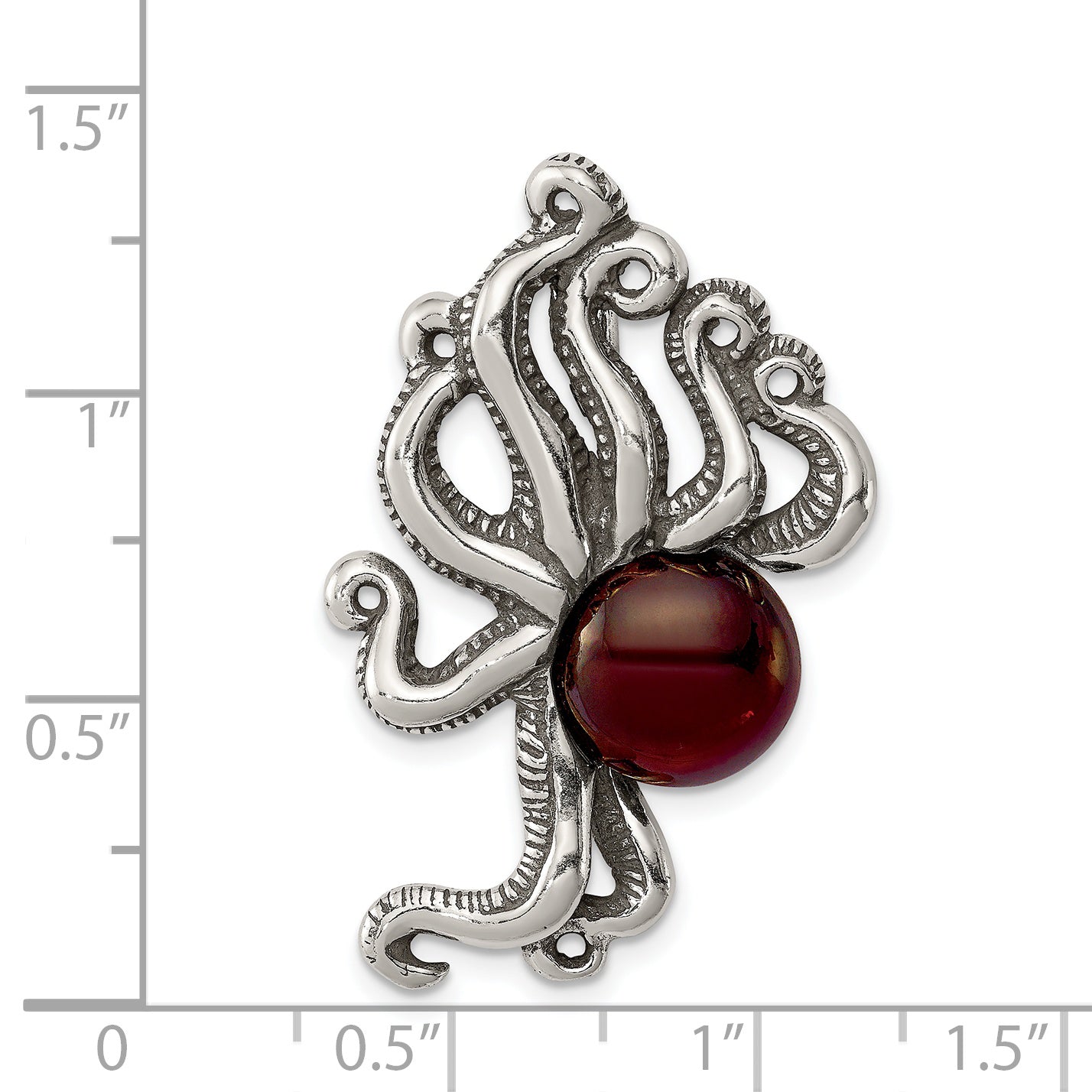 Antiqued Sterling Silver Octopus Pendant with Red Stone Charm