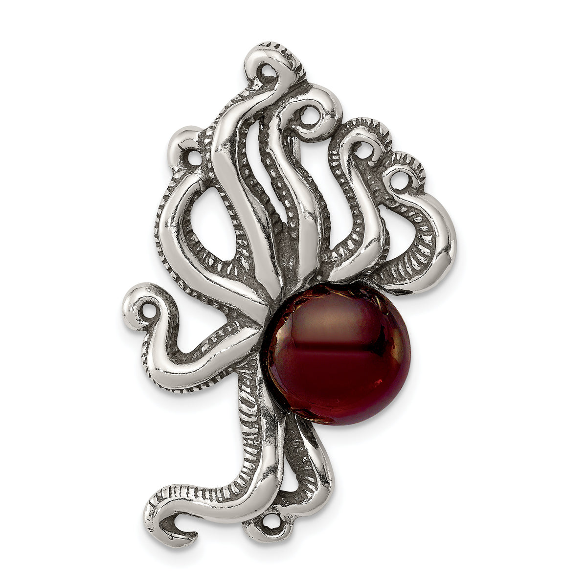 Sterling Silver Antiqued & Textured Octopus w/ Red Stone Chain Slide