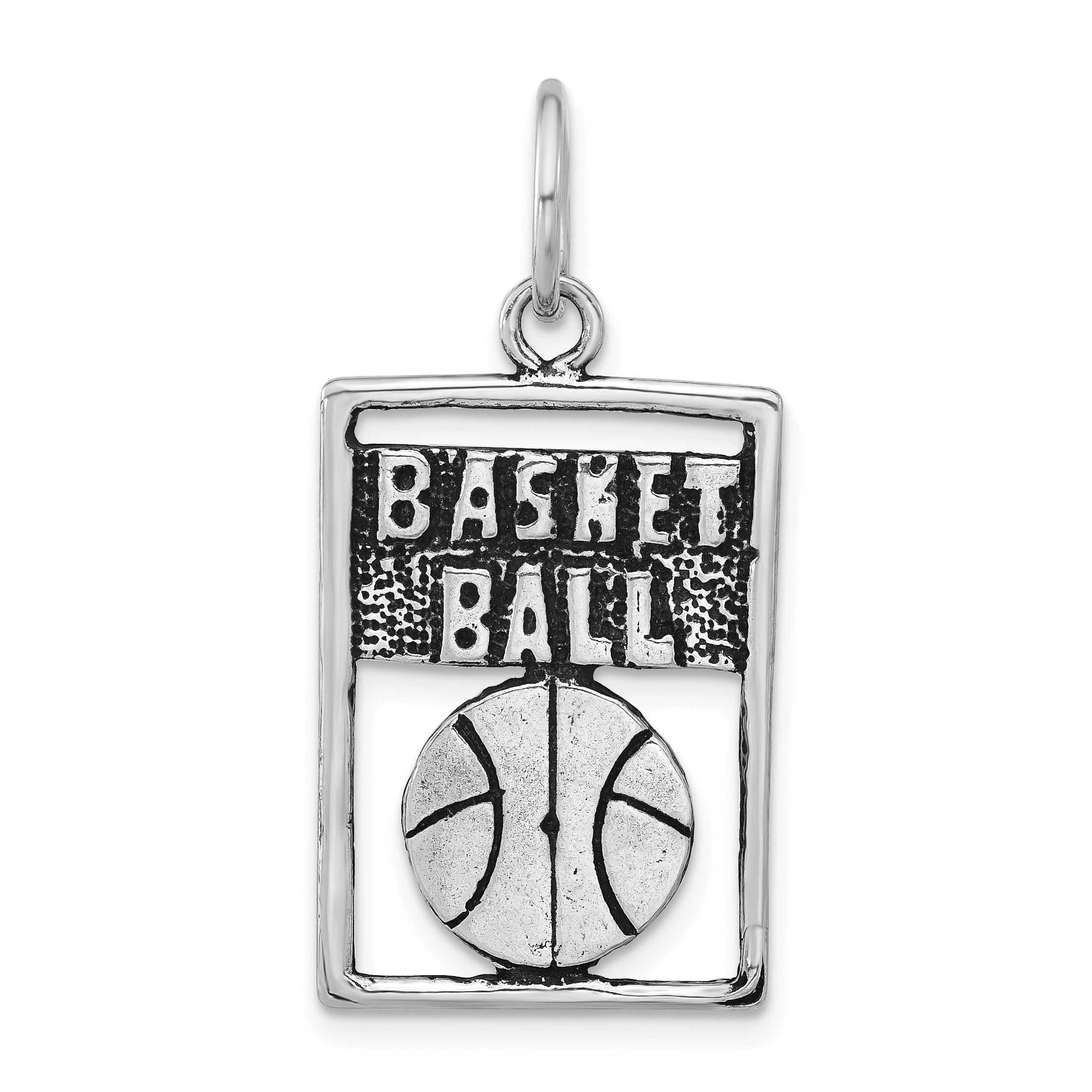 Sterling Silver Antiqued Basketball Rectangle Pendant