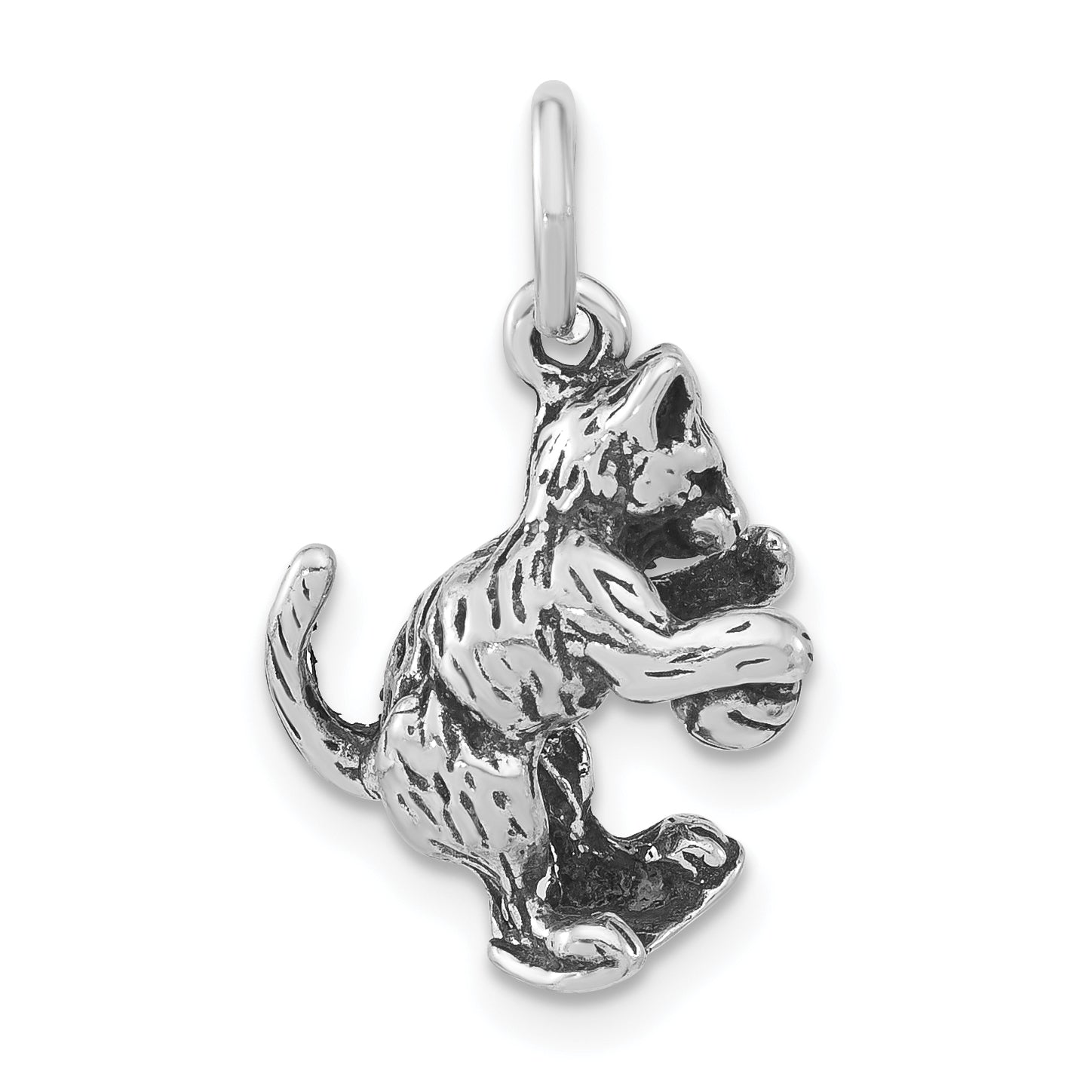 Sterling Silver Antiqued Cat Playing with Ball Pendant