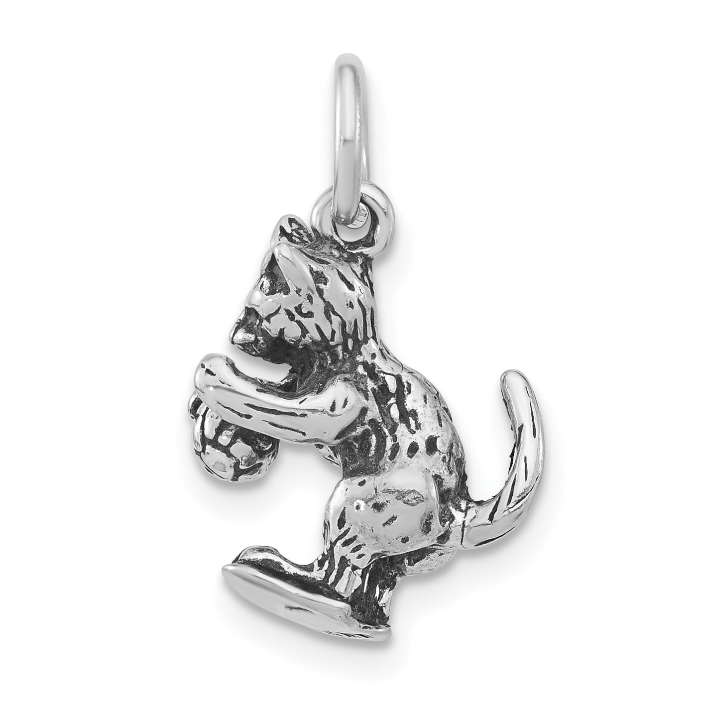 Sterling Silver 3-D Polished & Antiqued Cat Playing with Ball Pendant