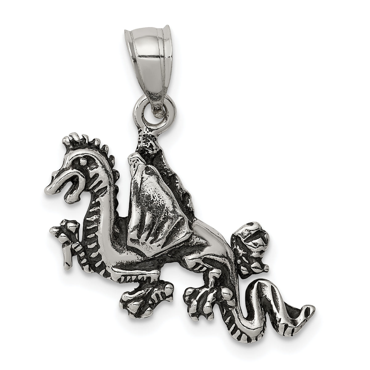 Sterling Silver Antiqued Flying Dragon Pendant