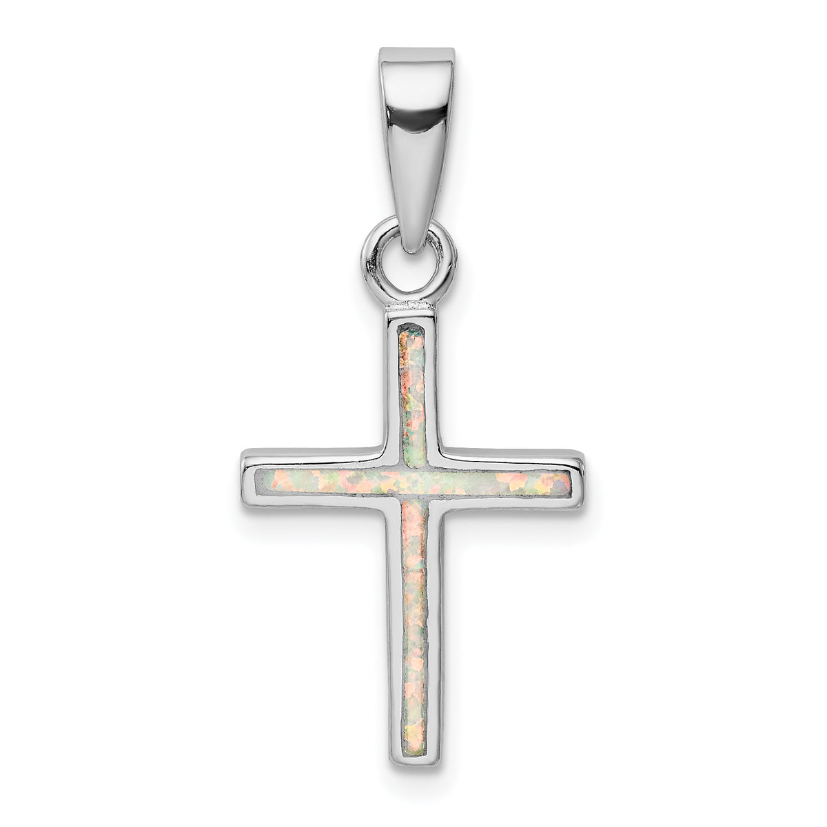 Sterling Silver Rhodium-plated White Lab Created Opal Cross Pendant