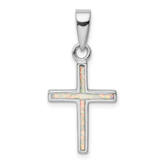 Sterling Silver Rhodium-plated White Lab Created Opal Cross Pendant