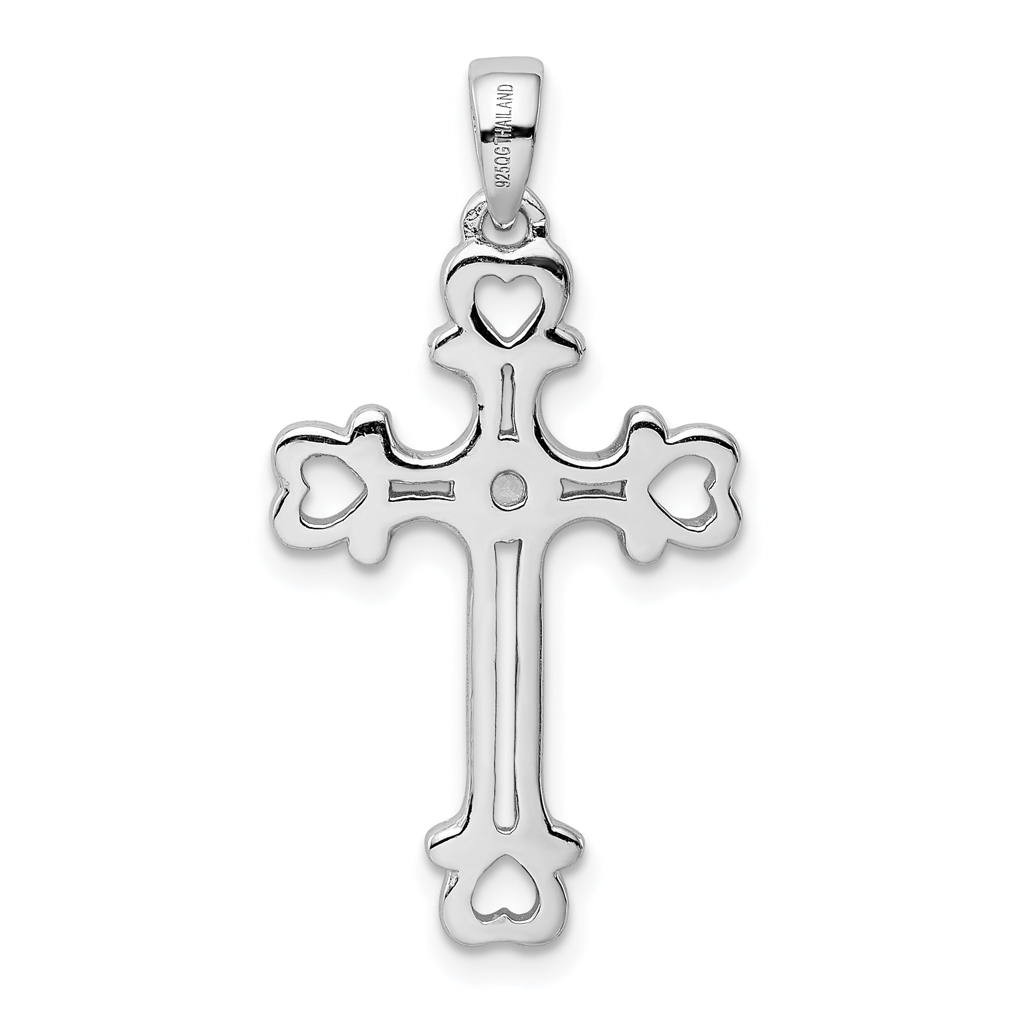 Sterling Silver Rhodium-Plated CZ Heart Cross Pendant - Elegant and Polished Jewelry