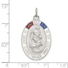 Sterling Silver 925 St. Christopher Medal with Enamel Accents, Polished, Platinum Plated