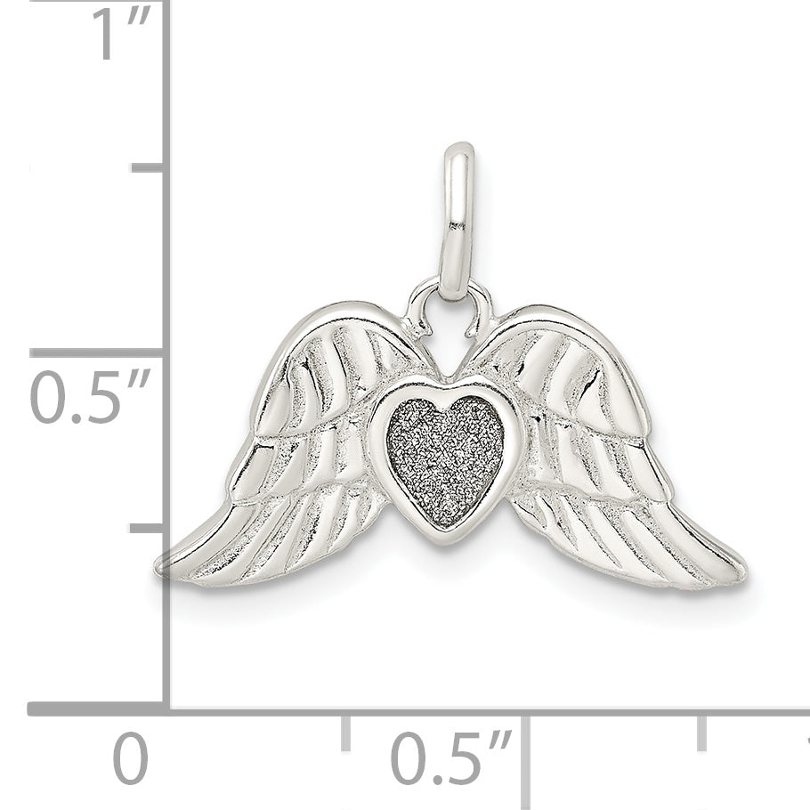 Sterling Silver Polished Enamel Glitter Fabric Heart w/Wings Pendant