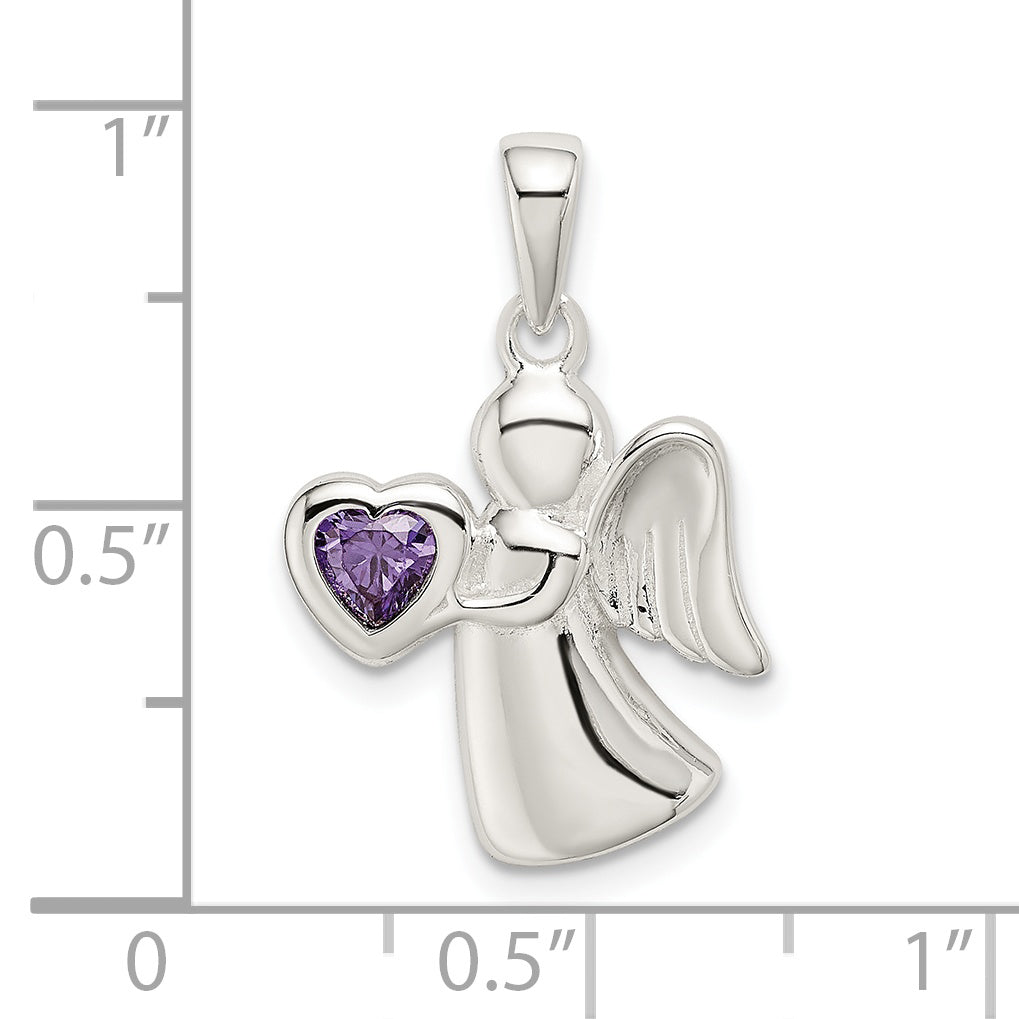 Sterling Silver Angel w/Purple CZ Heart Pendant