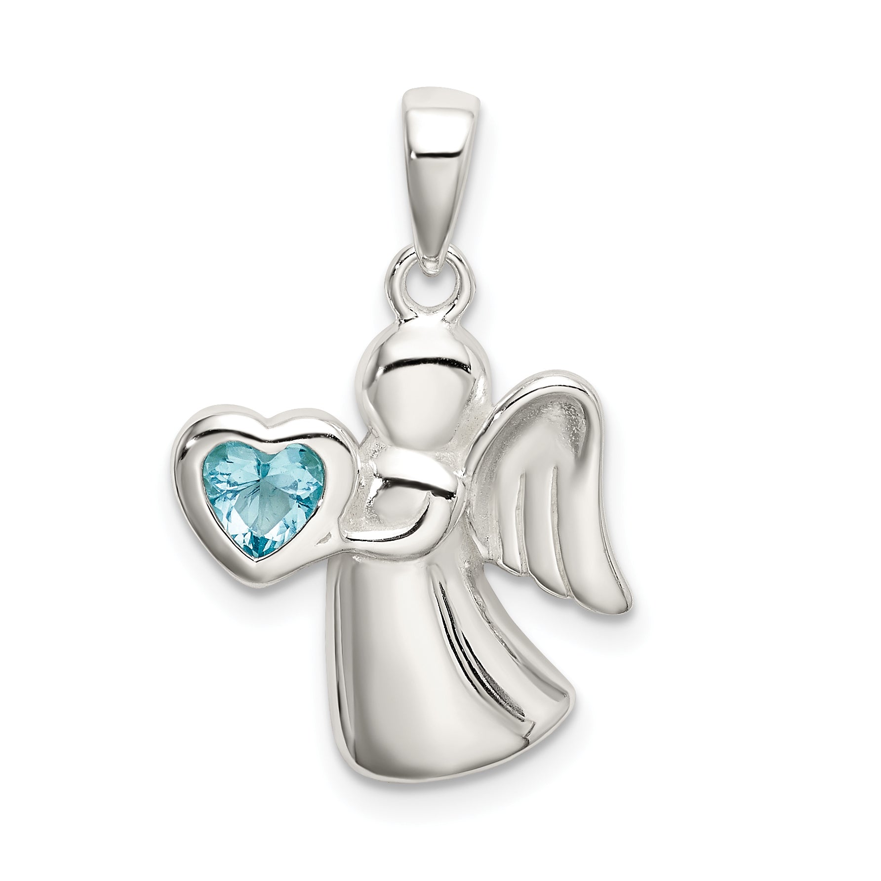 Sterling Silver Angel w/Light Blue CZ Heart Pendant